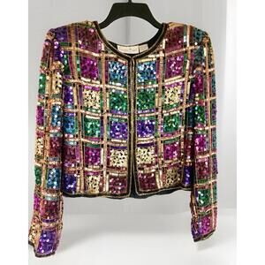 Vtg Laurence Kazar Silk Beaded Sequined Checkered Jacket Gold Multicolor Size S